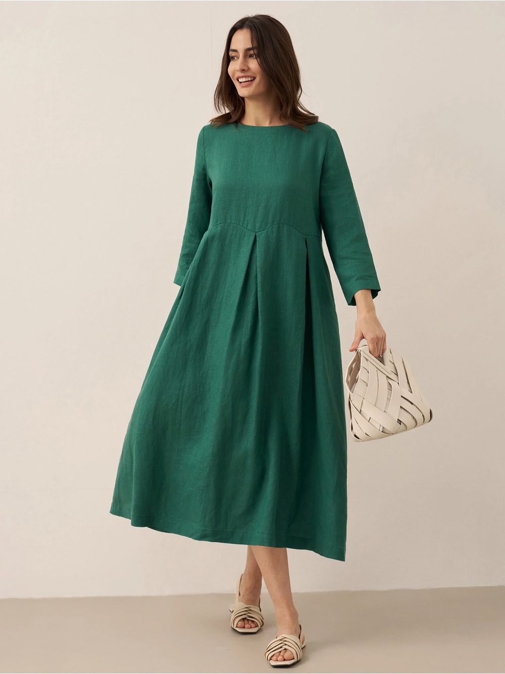 Lintico 100% Linen Bateau Neck Pleated Midi Dress Gree size L